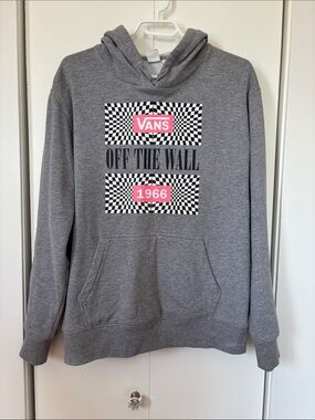Vans Gray Hoodie with Pink Logo and Checker Print